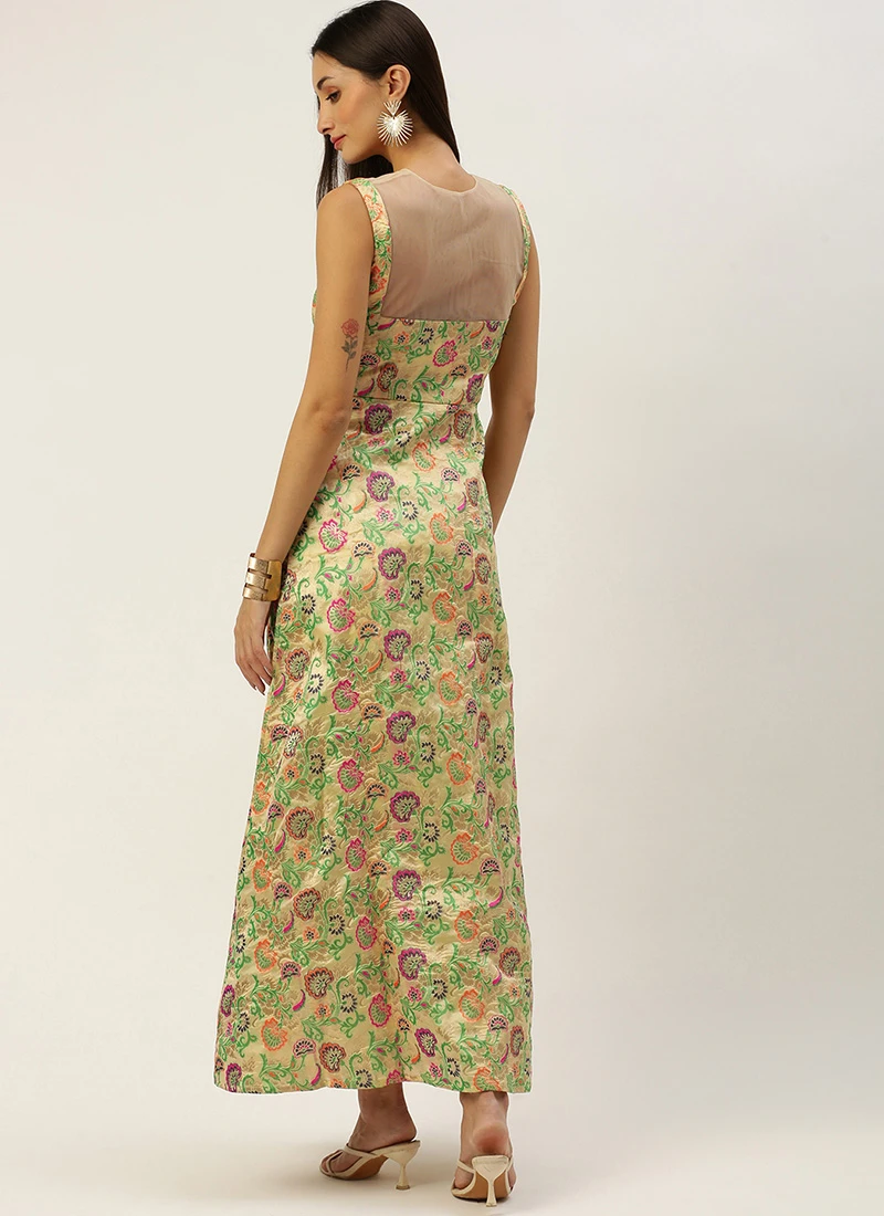 Beige Art Silk Jacquard Dress Festive Wear 6 Beige Art Silk Jacquard Dress Festive Wear - Image 4
