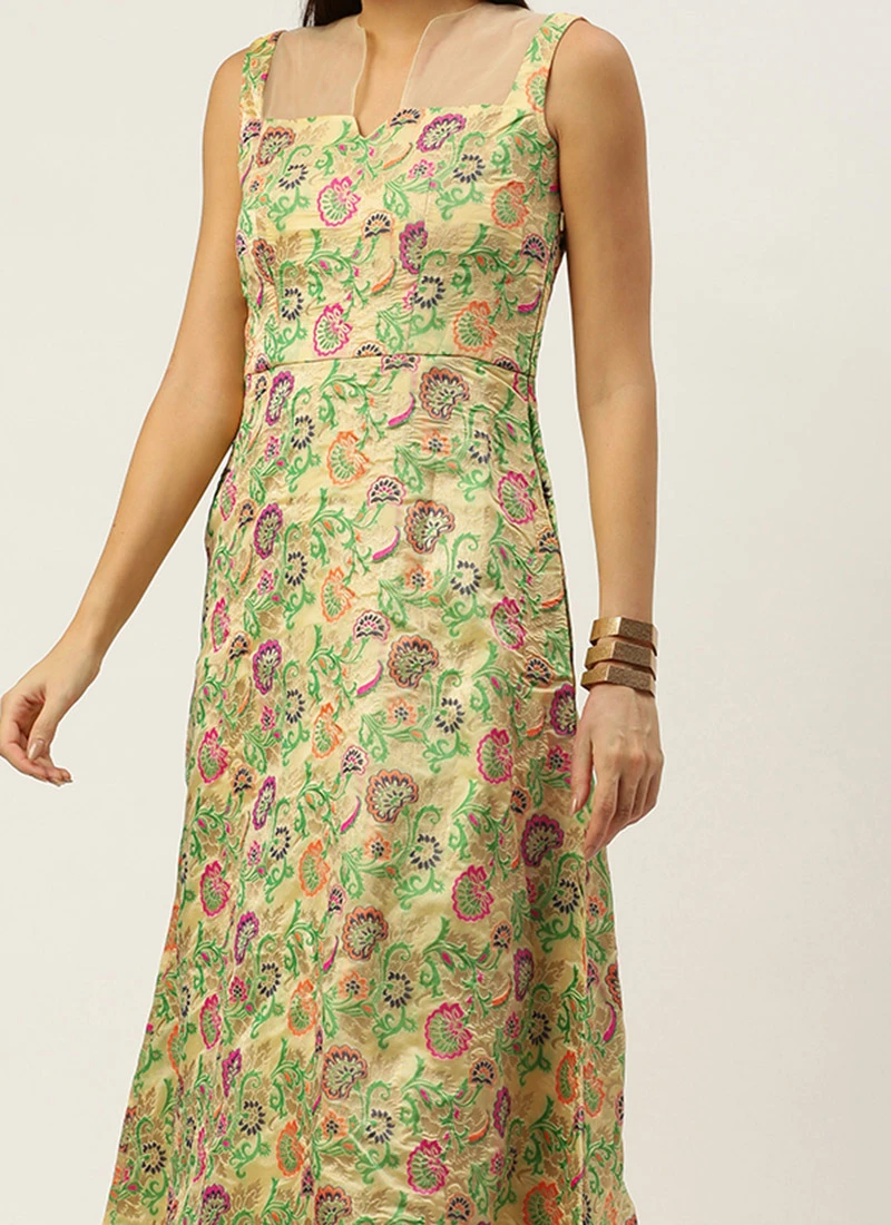 Beige Art Silk Jacquard Dress Festive Wear 3 Beige Art Silk Jacquard Dress Festive Wear