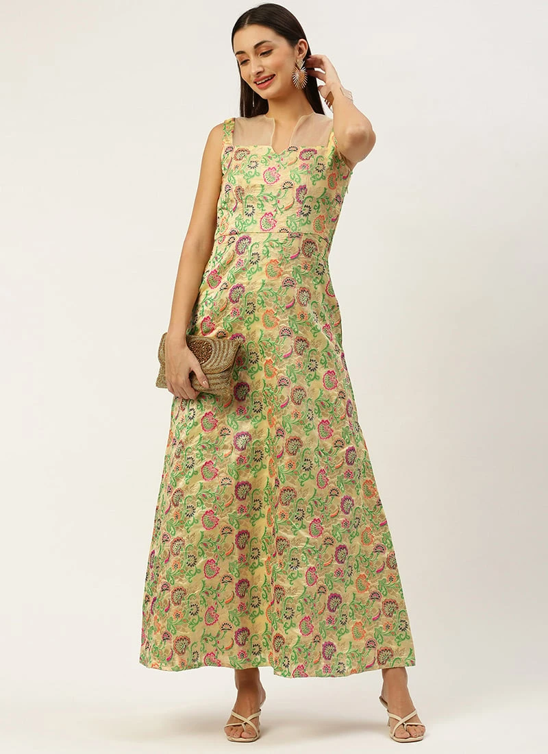 Beige Art Silk Jacquard Dress Festive Wear 5 Beige Art Silk Jacquard Dress Festive Wear - Image 3