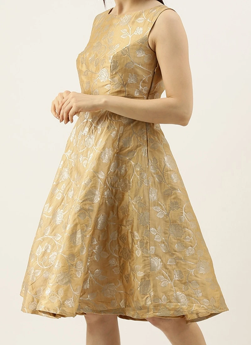 Beige Brocade Boat Neck Flared Dress Festive Wear 3 Beige Brocade Boat Neck Flared Dress Festive Wear