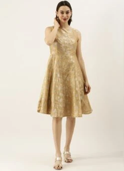Beige Brocade Boat Neck Flared Dress Festive Wear 12 Beige Brocade Boat Neck Flared Dress Festive Wear -Sari Grace Shop Beige Brocade Boat Neck Flared Dress DRBS02105387 u