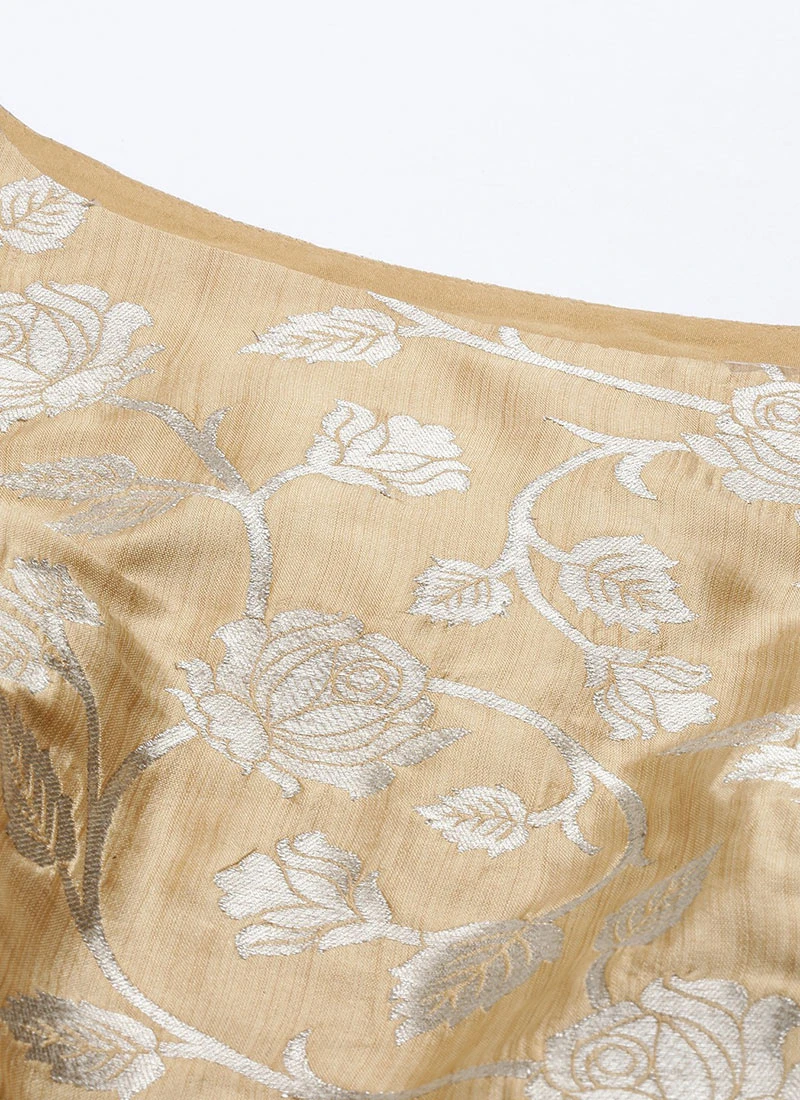 Beige Brocade Boat Neck Flared Dress Festive Wear 7 Beige Brocade Boat Neck Flared Dress Festive Wear - Image 5