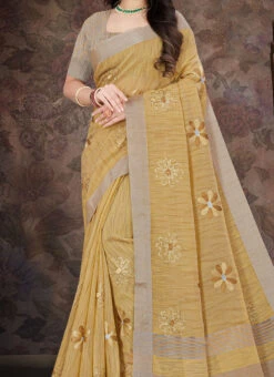 Beige Linen Resham Embroidered Tikki Work Saree After Six Wear