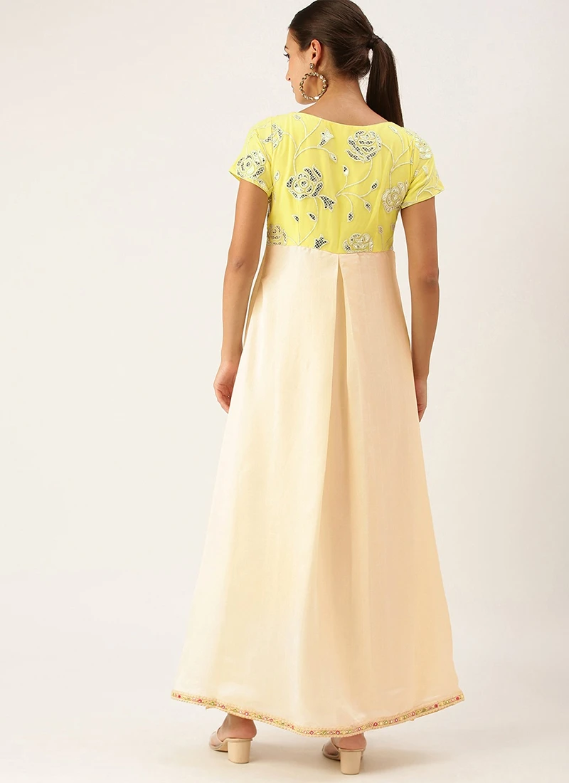 Beige N Yellow Embroidered Pleated Dress Festive Wear 6 Beige N Yellow Embroidered Pleated Dress Festive Wear - Image 4