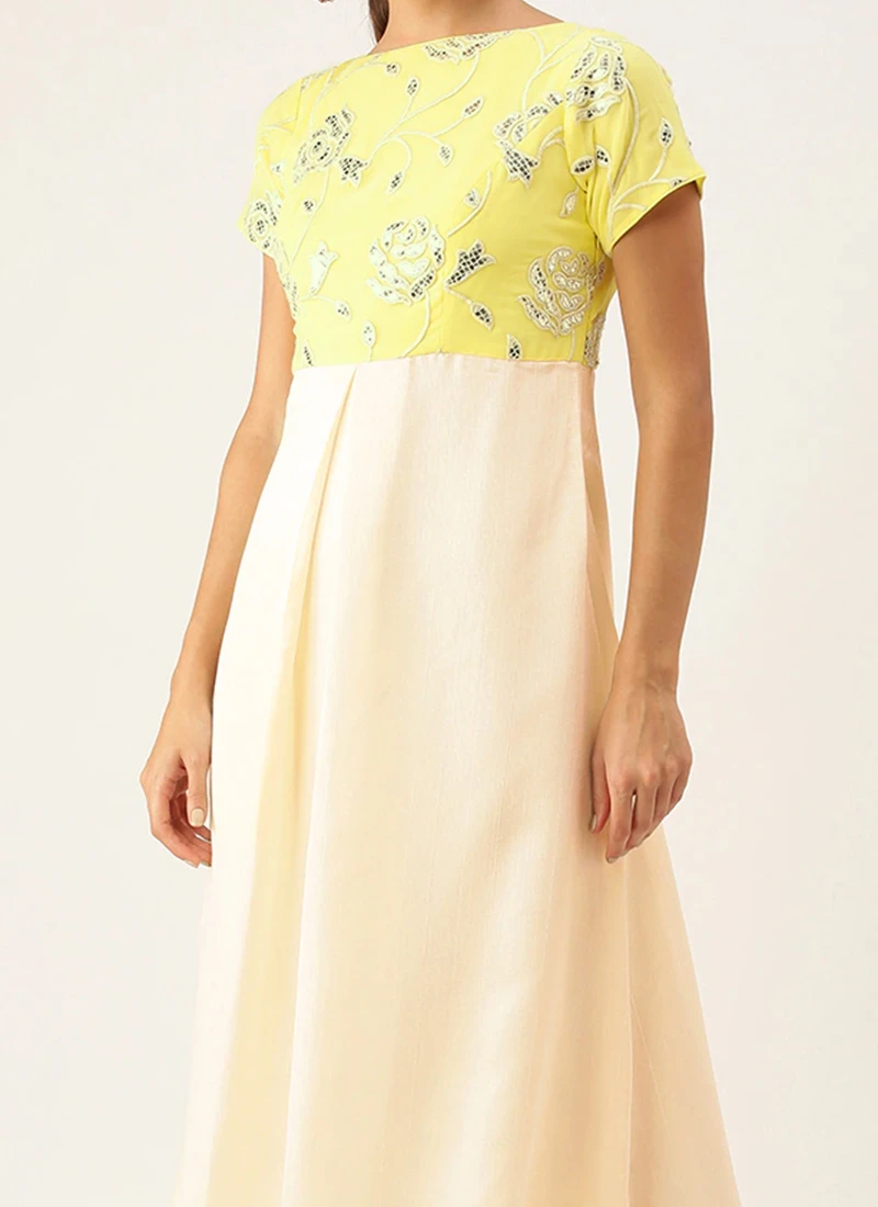 Beige N Yellow Embroidered Pleated Dress Festive Wear 3 Beige N Yellow Embroidered Pleated Dress Festive Wear