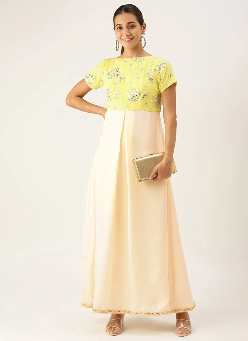 Beige N Yellow Embroidered Pleated Dress Festive Wear 5 Beige N Yellow Embroidered Pleated Dress Festive Wear - Image 3
