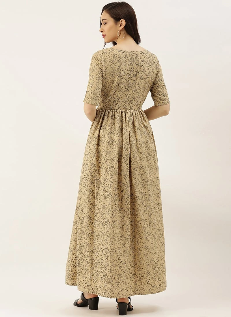 Beige Printed Rayon Boat Neck Maxi Dress After Six Wear 6 Beige Printed Rayon Boat Neck Maxi Dress After Six Wear - Image 4