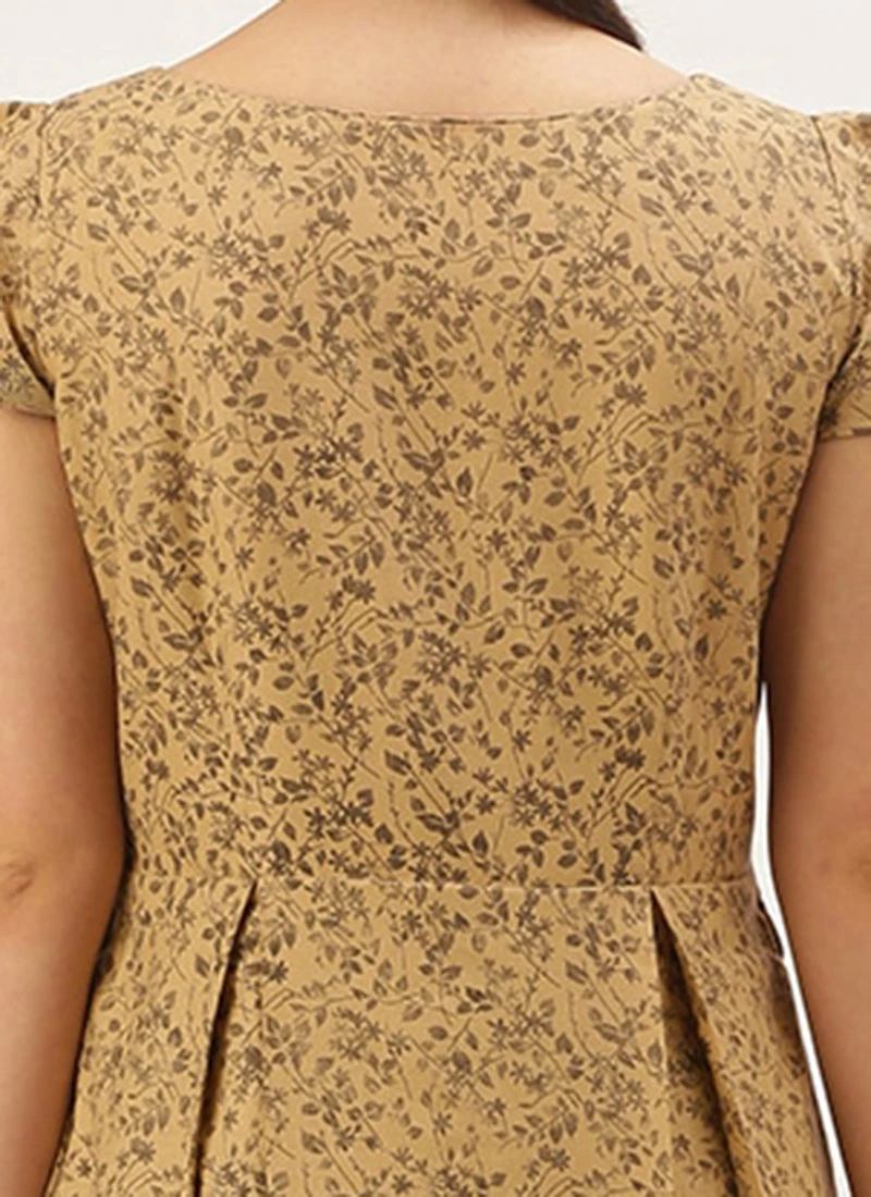 Beige Printed Rayon Calf Length Dress Work Wear 8 Beige Printed Rayon Calf Length Dress Work Wear - Image 6