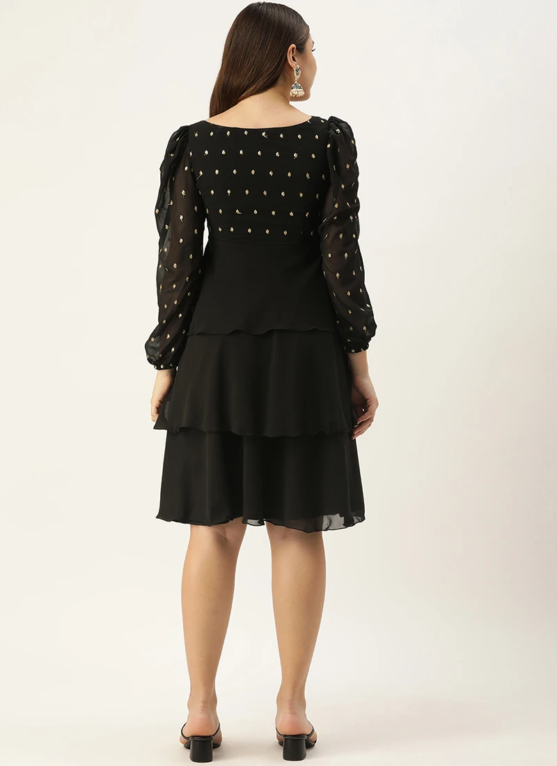 Black Georgette Embroidered Layered Dress Party Wear 6 Black Georgette Embroidered Layered Dress Party Wear - Image 4