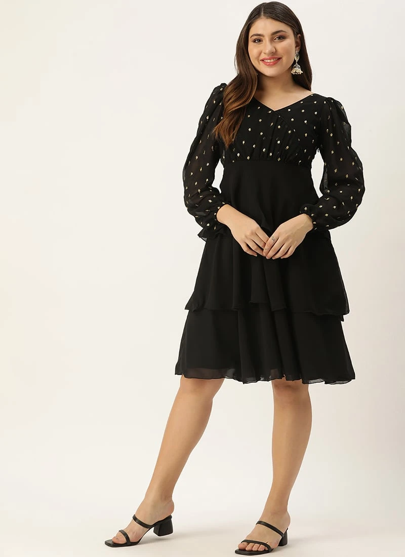 Black Georgette Embroidered Layered Dress Party Wear 5 Black Georgette Embroidered Layered Dress Party Wear - Image 3