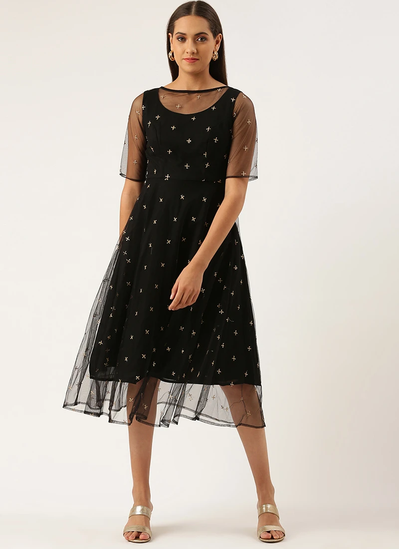Black Net Embroidered Midi Dress Festive Wear 5 Black Net Embroidered Midi Dress Festive Wear - Image 3