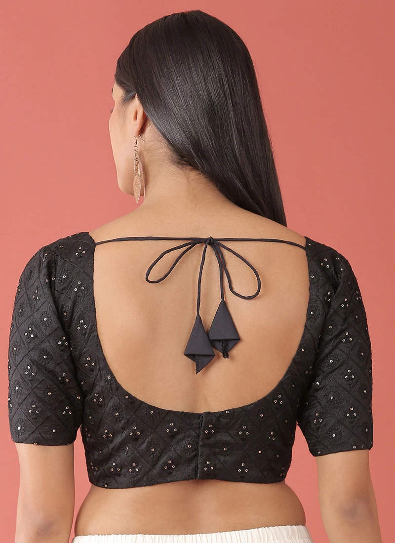 Black Raw Silk Embroidery Work Blouse Party Wear 6 Black Raw Silk Embroidery Work Blouse Party Wear - Image 4
