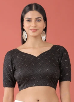 Black Raw Silk Embroidery Work Blouse Party Wear 8 Black Raw Silk Embroidery Work Blouse Party Wear -Sari Grace Shop Black Raw Silk Embroidery Work Blouse BLSPFB139B u
