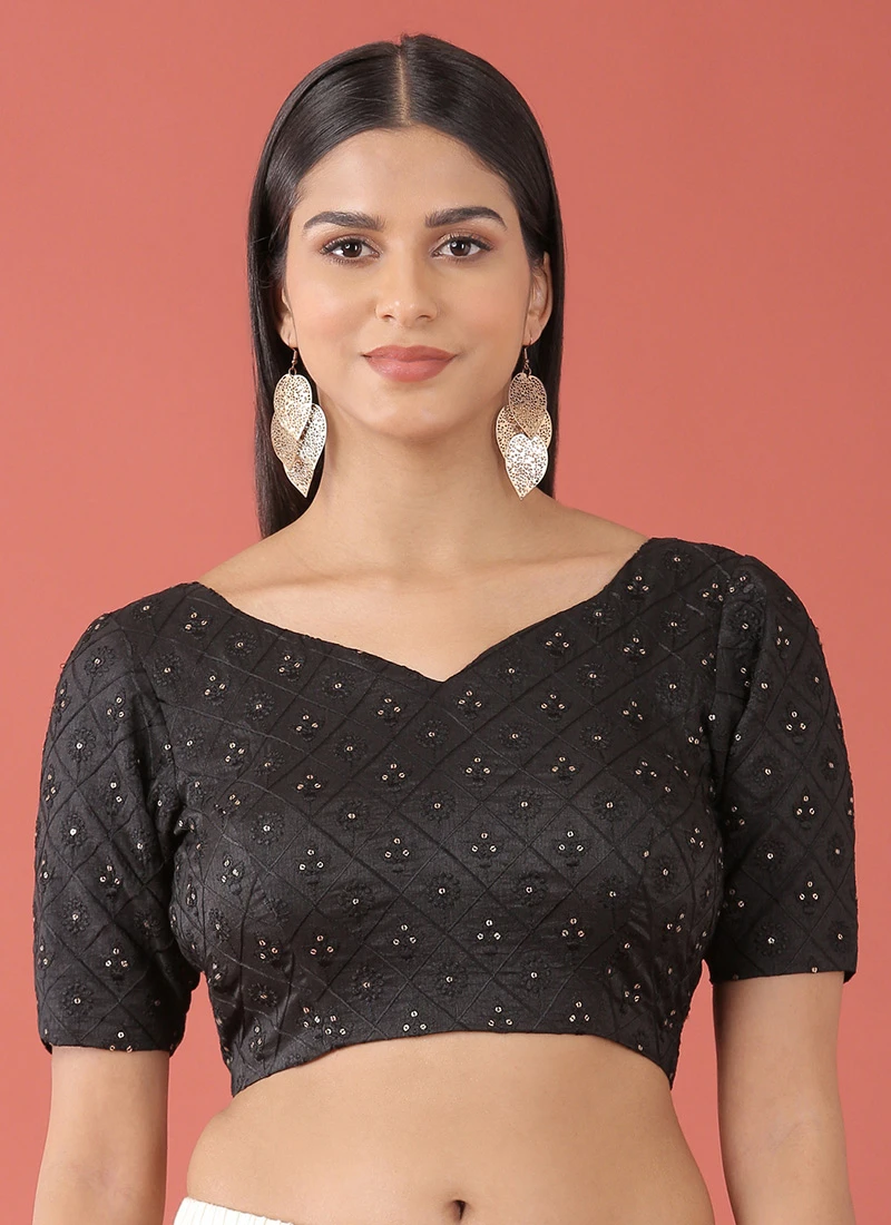 Black Raw Silk Embroidery Work Blouse Party Wear 5 Black Raw Silk Embroidery Work Blouse Party Wear - Image 3