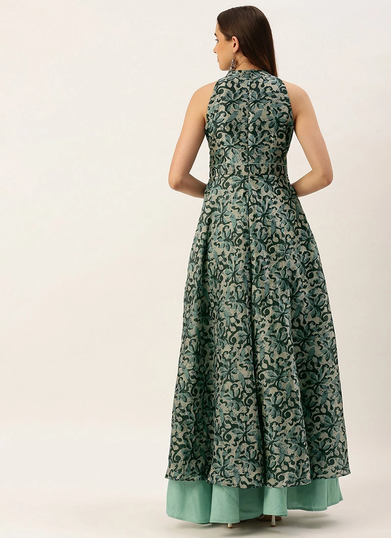 Blue Art Silk Digital Printed Halter Neck Dress Festive Wear 6 Blue Art Silk Digital Printed Halter Neck Dress Festive Wear - Image 4