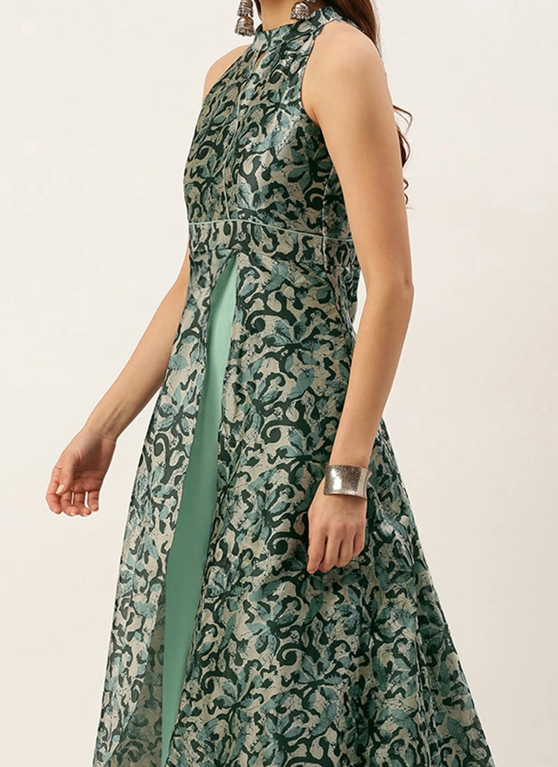 Blue Art Silk Digital Printed Halter Neck Dress Festive Wear 3 Blue Art Silk Digital Printed Halter Neck Dress Festive Wear