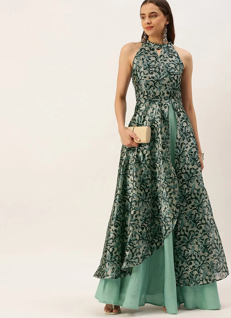 Blue Art Silk Digital Printed Halter Neck Dress Festive Wear 5 Blue Art Silk Digital Printed Halter Neck Dress Festive Wear - Image 3