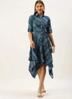 Blue Chanderi Art Silk Handkerchief Style Dress After Six Wear 12 Blue Chanderi Art Silk Handkerchief Style Dress After Six Wear -Sari Grace Shop Blue Chanderi Art Silk Handkerchief Style Dress DRBS02203499 u 1