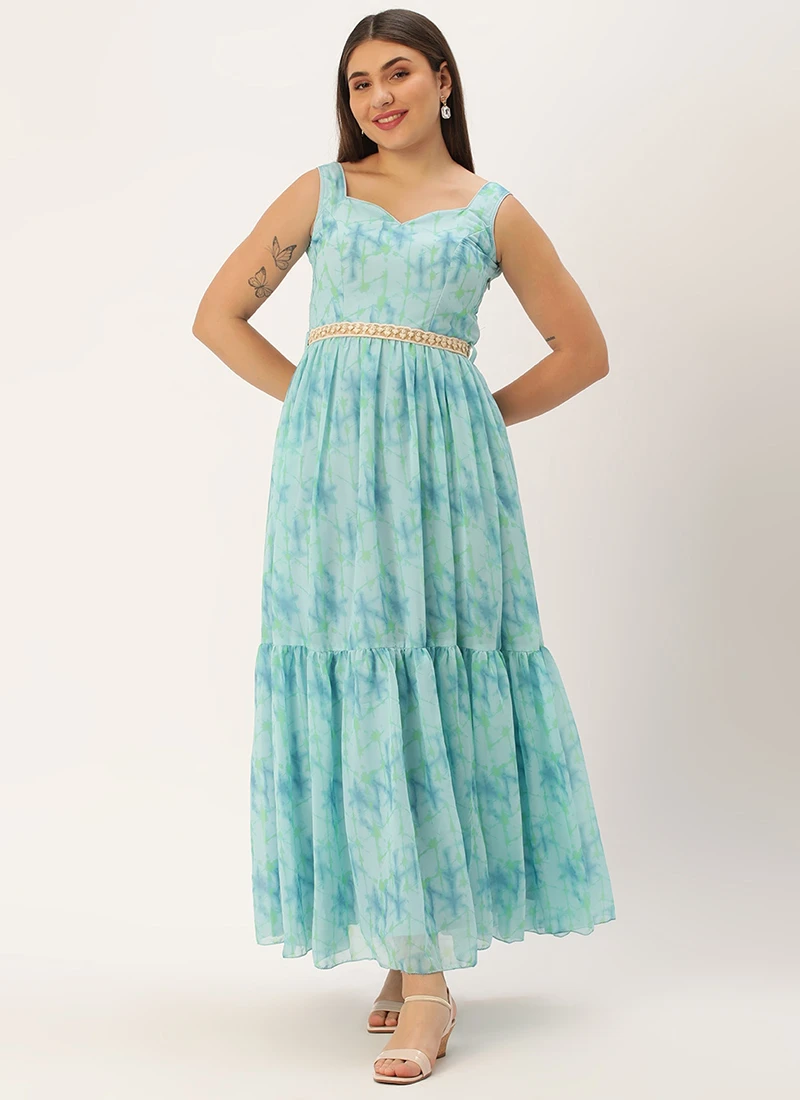Blue Digital Print Tiered Dress Festive Wear 5 Blue Digital Print Tiered Dress Festive Wear - Image 3