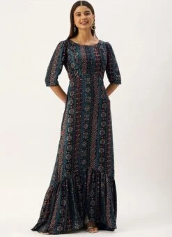 Blue Digital Printed Maxi Dress Party Wear -Sari Grace Shop Blue Digital Printed Maxi Dress DRBS02110966 u