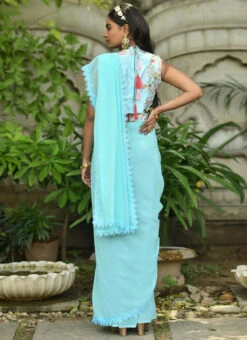 Blue Georgette Saree Party Wear -Sari Grace Shop Blue Georgette Saree SASACU7677 b