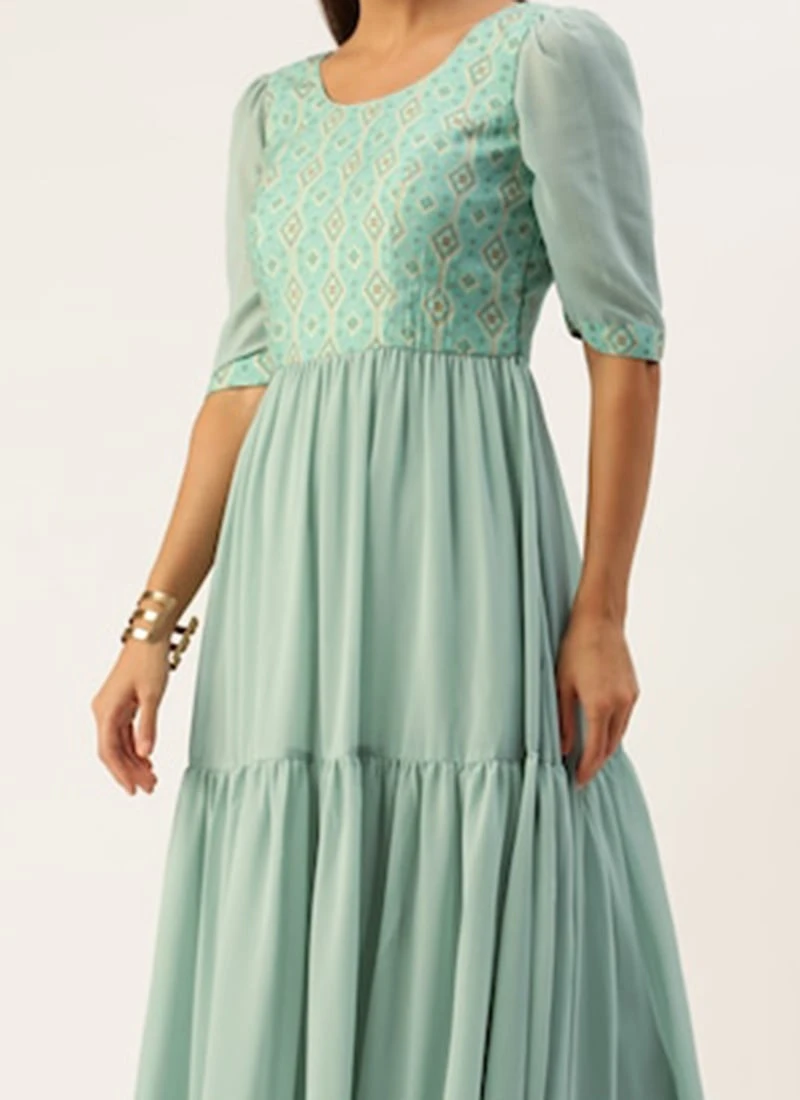 Blue Modal Satin N Geogette Flare Dress Festive Wear