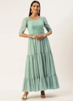 Blue Modal Satin N Geogette Flare Dress Festive Wear 12 Blue Modal Satin N Geogette Flare Dress Festive Wear -Sari Grace Shop Blue Modal Satin N Geogette Flare Dress DRBS02301788 u