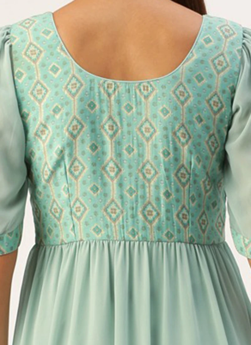 Blue Modal Satin N Geogette Flare Dress Festive Wear 8 Blue Modal Satin N Geogette Flare Dress Festive Wear - Image 6