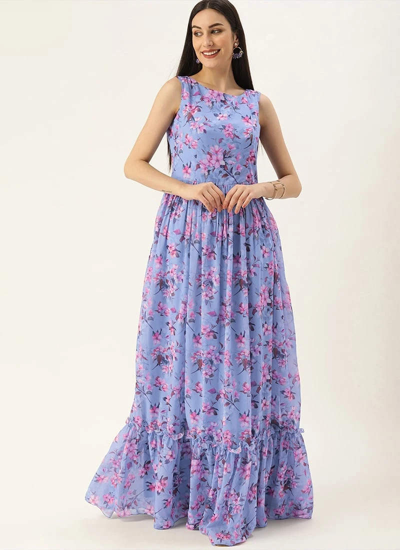Blue N Pink Digital Printed Georgette Tiered Dress After Six Wear 5 Blue N Pink Digital Printed Georgette Tiered Dress After Six Wear - Image 3