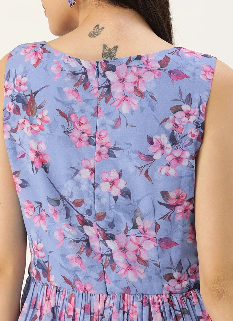 Blue N Pink Digital Printed Georgette Tiered Dress After Six Wear 8 Blue N Pink Digital Printed Georgette Tiered Dress After Six Wear - Image 6