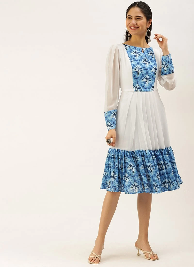 Blue N White Digital Printed Dress Festive Wear 5 Blue N White Digital Printed Dress Festive Wear - Image 3
