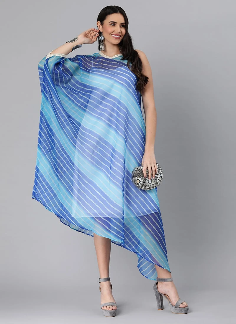 Blue Organza Printed Kaftan Dress Festive Wear 5 Blue Organza Printed Kaftan Dress Festive Wear - Image 3