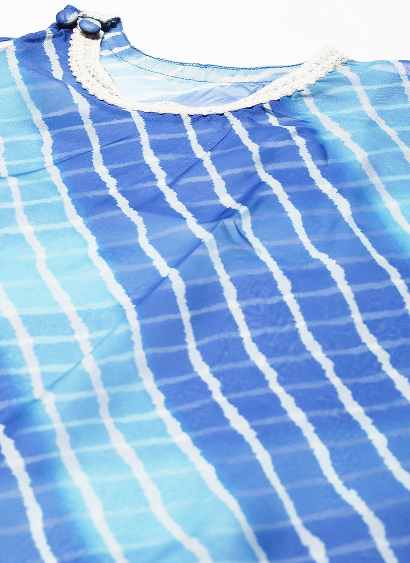 Blue Organza Printed Kaftan Dress Festive Wear 7 Blue Organza Printed Kaftan Dress Festive Wear - Image 5