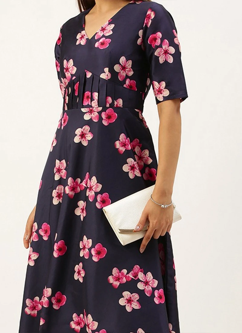 Blue Printed Art Silk Fit And Flare Dress After Six Wear 3 Blue Printed Art Silk Fit And Flare Dress After Six Wear