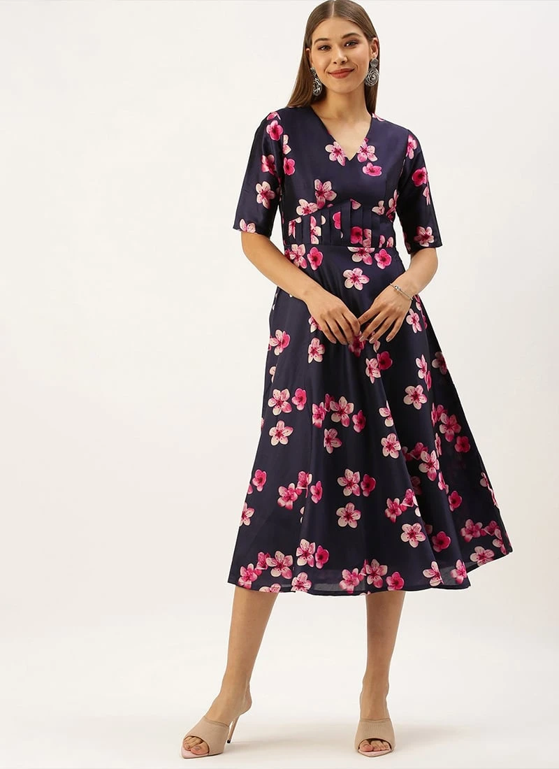 Blue Printed Art Silk Fit And Flare Dress After Six Wear 5 Blue Printed Art Silk Fit And Flare Dress After Six Wear - Image 3