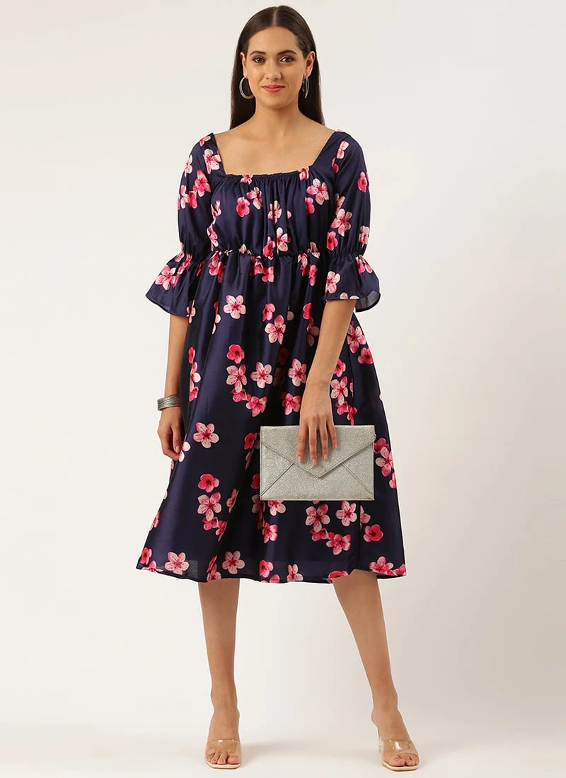 Blue Printed Art Silk Dress Festive Wear 5 Blue Printed Art Silk Dress Festive Wear - Image 3