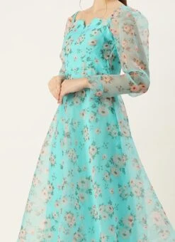 Blue Printed Organza Maxi Dress Festive Wear
