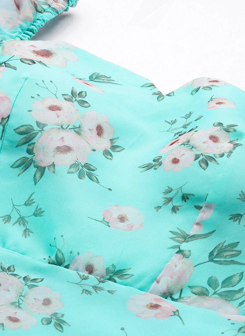 Blue Printed Organza Maxi Dress Festive Wear 7 Blue Printed Organza Maxi Dress Festive Wear - Image 5