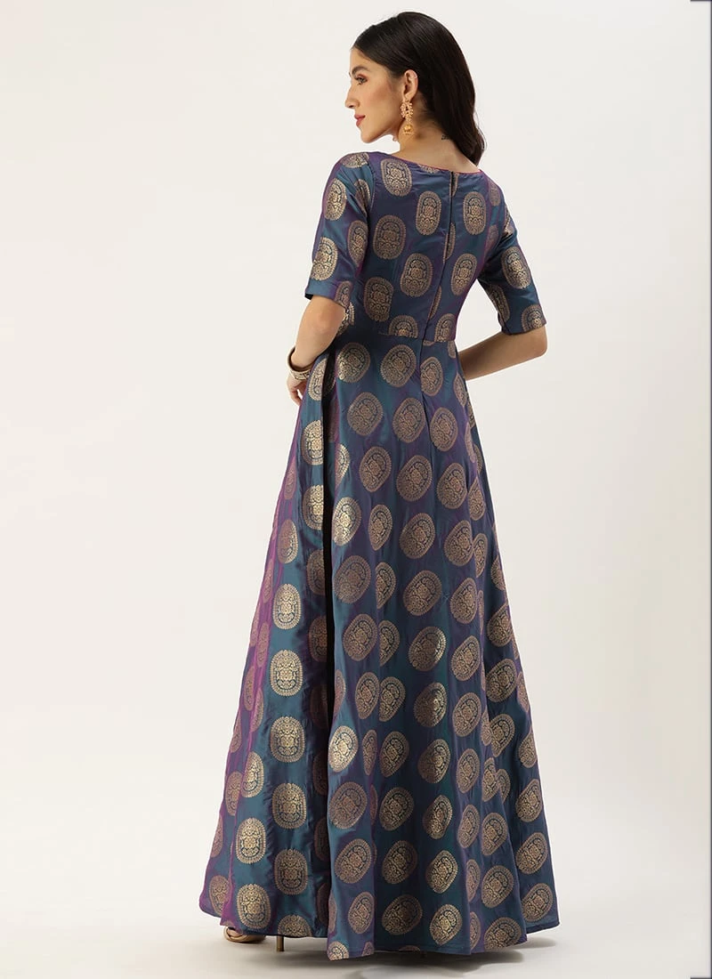 Blue Taffeta Jacquard Half Circular Dress Festive Wear 6 Blue Taffeta Jacquard Half Circular Dress Festive Wear - Image 4