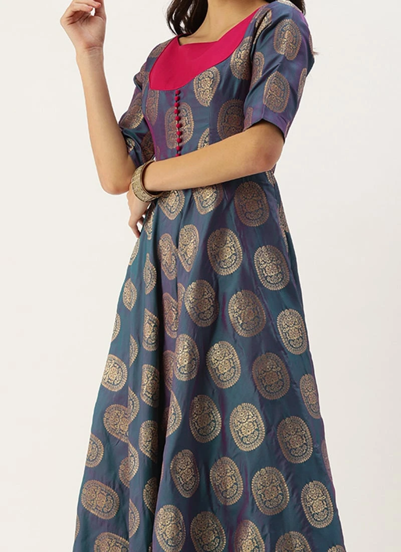 Blue Taffeta Jacquard Half Circular Dress Festive Wear 3 Blue Taffeta Jacquard Half Circular Dress Festive Wear