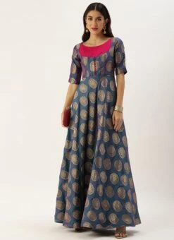 Blue Taffeta Jacquard Half Circular Dress Festive Wear 12 Blue Taffeta Jacquard Half Circular Dress Festive Wear -Sari Grace Shop Blue Taffeta Jacquard Half Circular Dress DRBS02204663 u