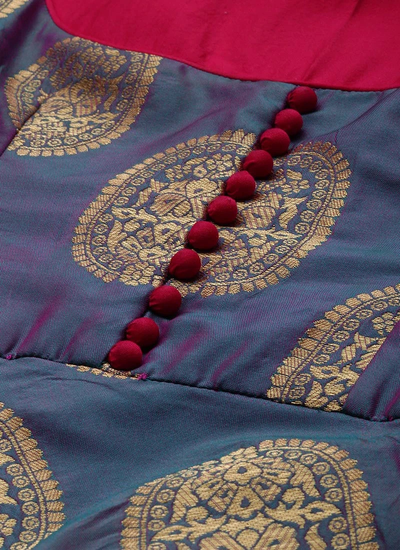 Blue Taffeta Jacquard Half Circular Dress Festive Wear 7 Blue Taffeta Jacquard Half Circular Dress Festive Wear - Image 5