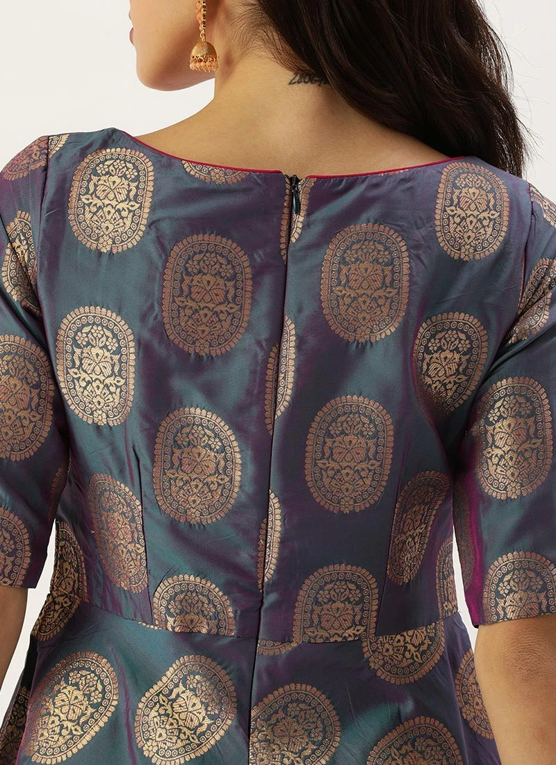 Blue Taffeta Jacquard Half Circular Dress Festive Wear 8 Blue Taffeta Jacquard Half Circular Dress Festive Wear - Image 6