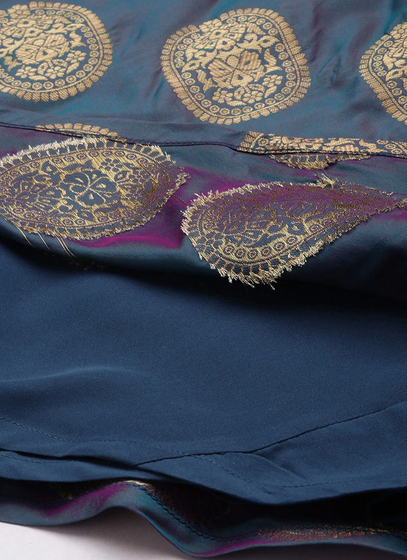 Blue Taffeta Jacquard Half Circular Dress Festive Wear 9 Blue Taffeta Jacquard Half Circular Dress Festive Wear - Image 7