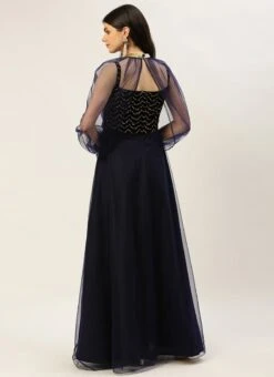 Blue Velvet Embroidered Dress With Cape Party Wear 12 Blue Velvet Embroidered Dress With Cape Party Wear -Sari Grace Shop Blue Velvet Embroidered Dress With Cape DRBS02211229 b 1