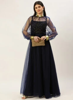 Blue Velvet Embroidered Dress With Cape Party Wear Festive Wear 11 Blue Velvet Embroidered Dress With Cape Party Wear Festive Wear -Sari Grace Shop Blue Velvet Embroidered Dress With Cape DRBS02211229 u
