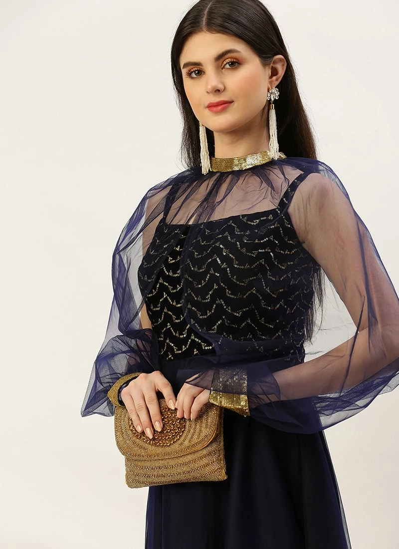 Blue Velvet Embroidered Dress With Cape Party Wear 7 Blue Velvet Embroidered Dress With Cape Party Wear - Image 5