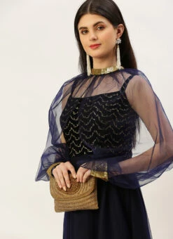 Blue Velvet Embroidered Dress With Cape Party Wear Festive Wear 13 Blue Velvet Embroidered Dress With Cape Party Wear Festive Wear -Sari Grace Shop Blue Velvet Embroidered Dress With Cape DRBS02211229 rrc1