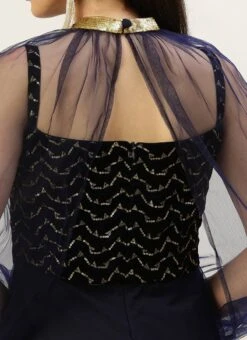 Blue Velvet Embroidered Dress With Cape Party Wear 14 Blue Velvet Embroidered Dress With Cape Party Wear -Sari Grace Shop Blue Velvet Embroidered Dress With Cape DRBS02211229 rrc2 1