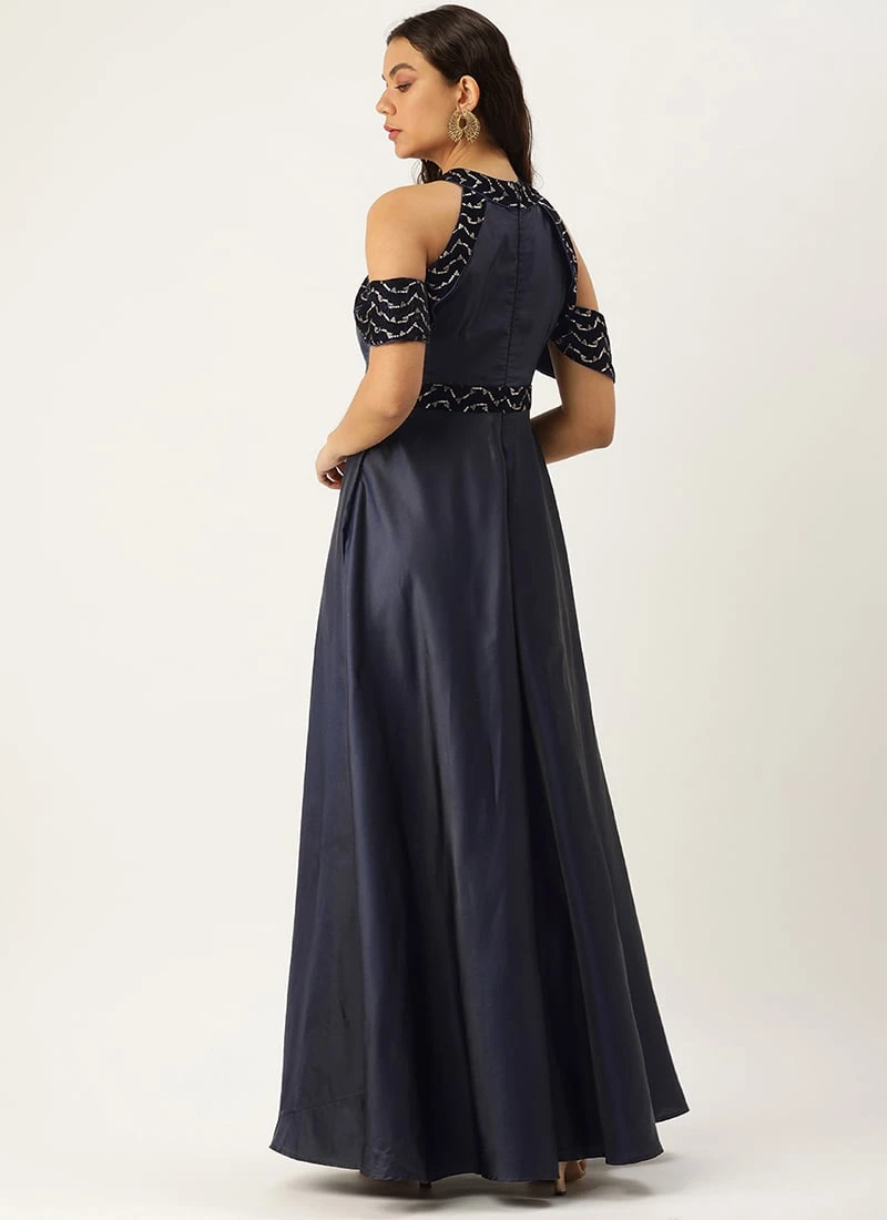 Blue Velvet Embroidered Off Shoulder Dress Festive Wear Party Wear 6 Blue Velvet Embroidered Off Shoulder Dress Festive Wear Party Wear - Image 4